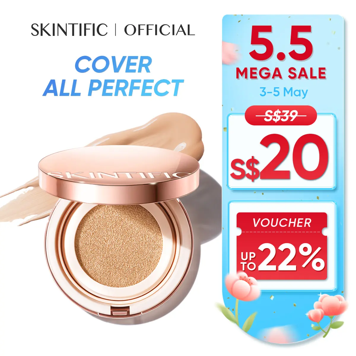 [SKINTIFIC OFFICIAL] SKINTIFIC Cover All Perfect Cushion High Coverage Foundation powder Poreless Flawless 24H Long-lasting SPF35 PA++++ Concealer Makeup gold cushion perfect cushion high coverage longlasting waterproof 5xCeramide Cosmetic cushion