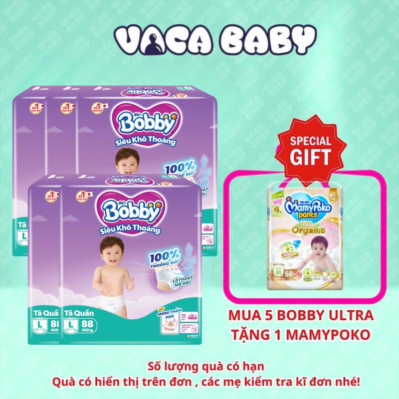 TẶNG 1 GÓI MAMYPOKO Combo 5 Gói Tã Quần Bobby Ultra siêu khô thoáng M96 L88 XL74 XXL68 miếng dành cho bé Vaca Baby