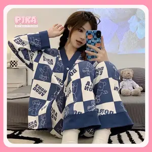 PIKA Piyama Wanita Dewasa Motif Lengan Celana Panjang Karakter Animasi Lucu Perempuan Set Baju Tidur Full Kancing Bahan Katun Polyester Adem Serap Keringat Terbaru Kekinian Murah Cocok untuk Harian Santai Fit to XXL PY023