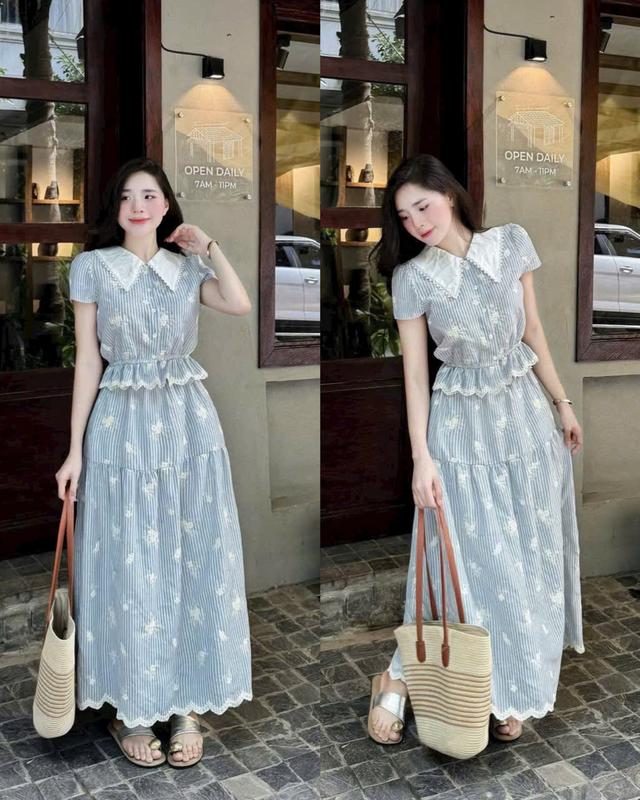 sét đồ nữ áo sọc thiết kế cổ bẻ tay ngắn kèm chân váy dài phối bèo ren xinh xắn cho các nàng diện đi chơi đi tiệc