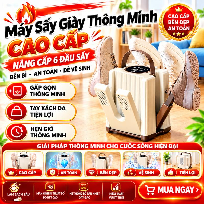 Máy Sấy Giày Thông Minh Cao Cấp 6 Đầu Sấy Gấp Gọn, Khử Mùi Diệt Khuẩn UV, Chống Ẩm Mốc Mùa Nồm