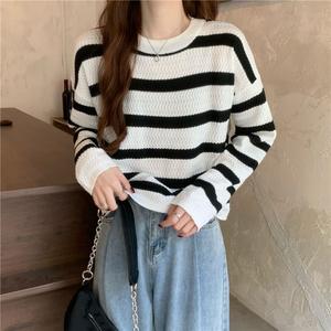 Sweater Lengan Panjang untuk Wanita, Longgar, Gaya Kasual, Atas Berkait, Warna Kontras, Berjalur, Gaya Korea, Koleksi Musim Luruh Baharu Knitwear
