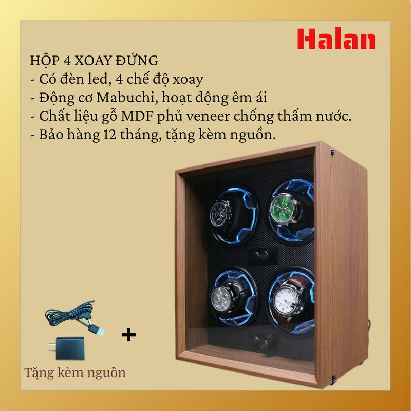   TẶNG KÈM ADAPTER  Hộp đựng đồng hồ 4 xoay dáng đứng bằng gỗ - có đèn led - 4 chế độ xoay - giúp đồng hồ cơ automatic luôn đúng giờ 