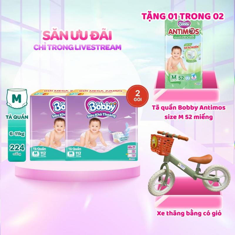   KOL   COMBO 2-TẶNG TQ ANTIMOS XE THĂNG BẰNG CÓ GIỎ  Bobby Tã bỉm quần M112 L96 XL84 XXL76 Siêu khô thoáng 