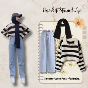 One Set Hijab Stripe Fuji Sweater | Celana Jeans | Pashmina Ootd Gunung Fashion Hijab BC30 Simple Look