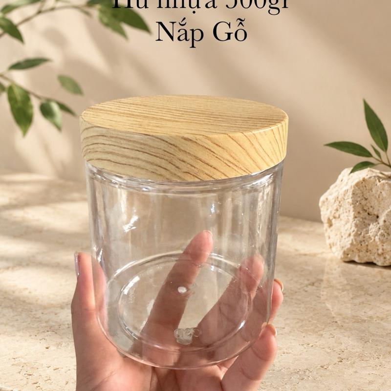 HỦ NHỰA 500GramTRẮNG TRONG + NẮP GỖ - Nhựa Cao Cấp-Chiết mỹ phẩm-Đựng Thực Phẩm-Gia Vị.