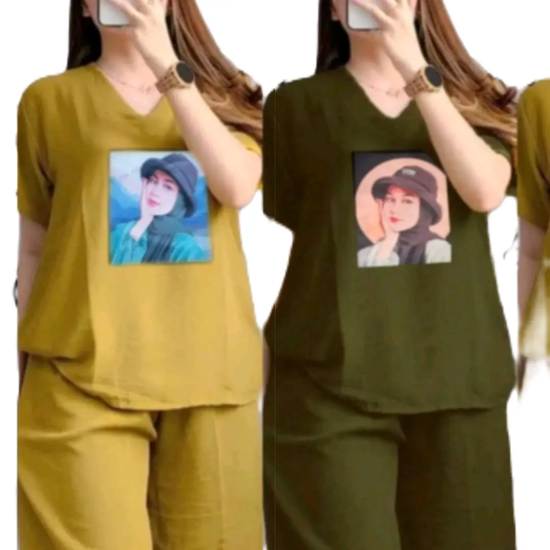 setelan baju dewasa kekinian lengan pendek baju santai terbaru Katun Wanita Celana Atasan Casual Motif Sablon Polos Linen Cantik Nyaman Cream Hitam Maroon Pink