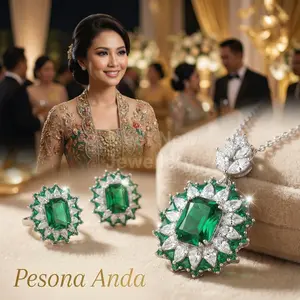 MNS38  Liontin Batu Permata Berwarna Safir Kerajaan dengan Set Zamrud Cincin Terbuka Anting-Anting Mikro-Inlaid