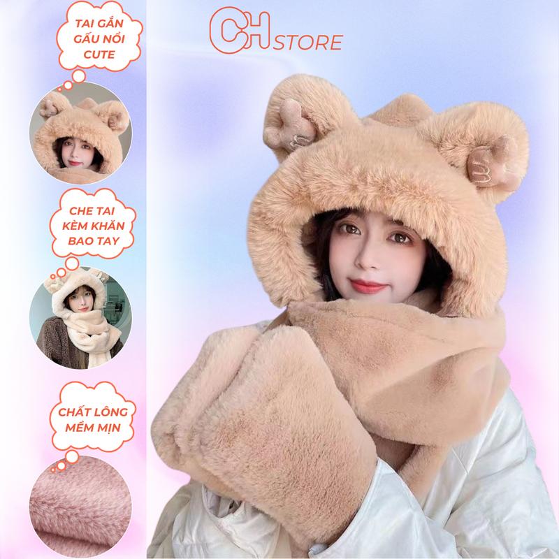 Mũ len nữ kèm khăn hoạ tiết tai gấu nổi chất len mềm mượt đội xinh ấm áp mùa đông Women Hoa