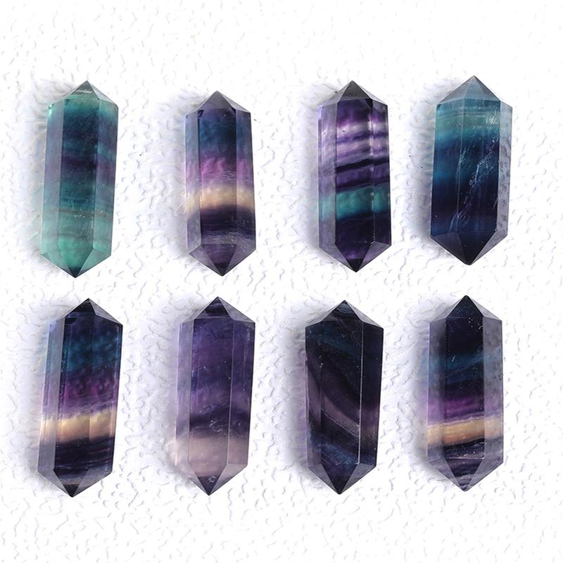 Product Introduction of Natural Colorful Fluorite Double Pointed Crystal Column Color Fluorite Hexagonal Prism Crystal Stone Decoration Home Decoration 0