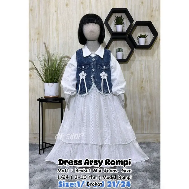 Dress Brokat Lebaran Arsy Rompi Jeans Anak Usia 3-10 Tahun Bahan Brokat Jeans Import - COD 1