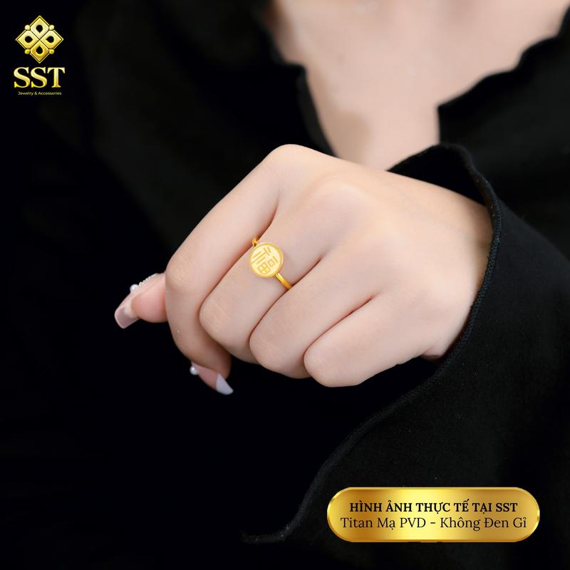 Nhẫn Unisex Titan SST Form mảnh mặt tròn khắc chữ Phúc Không Đen Gỉ N57