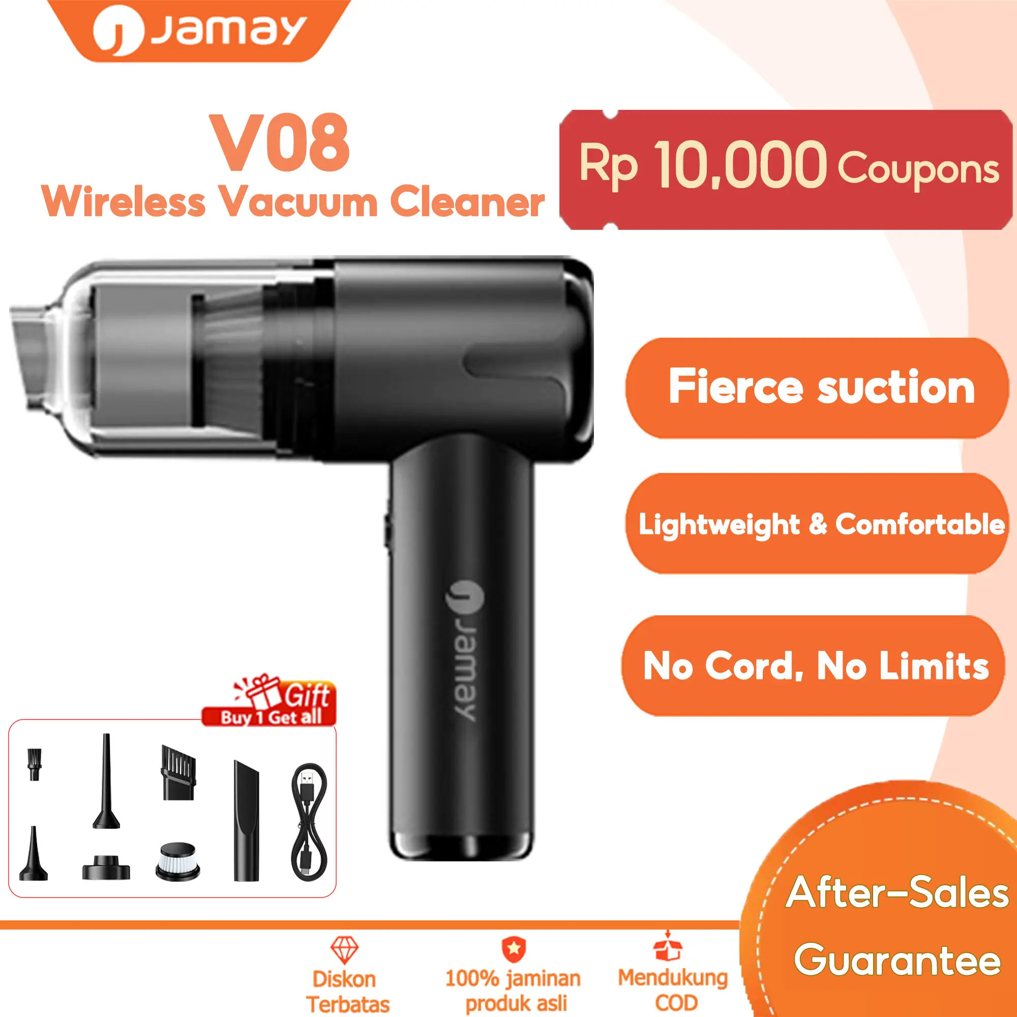 【Gift】JAMAY V08 Penyedot Debu Nirkabel [Wireless Vacuum Cleaner] Daya Hisap Kuat 6000Pa 4-in-1: Hisap, Tiup, Isi Daya, & Pompa Motor 60W Kecepatan Tinggi Baterai 4000mAh Tahan Lama Portable untuk Rumah & Mobil Dilengkapi dengan Brush Set Multifungsi