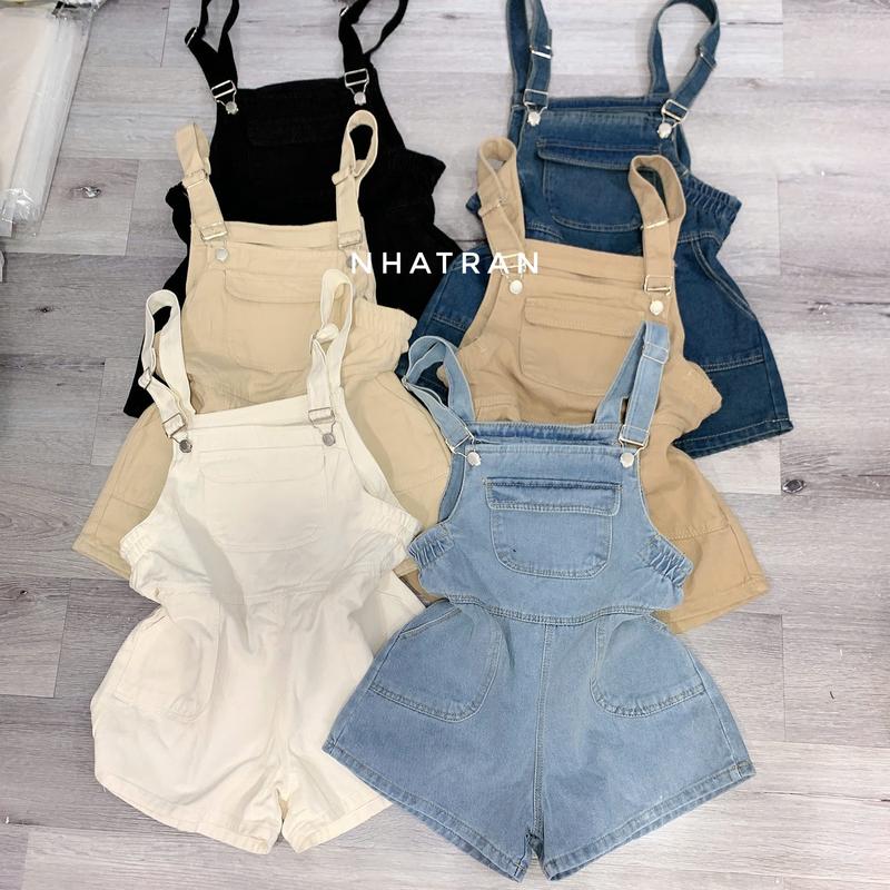 nhatran - Quần yếm jean nữ phom short ngắn chất denim hai bên bo chun
