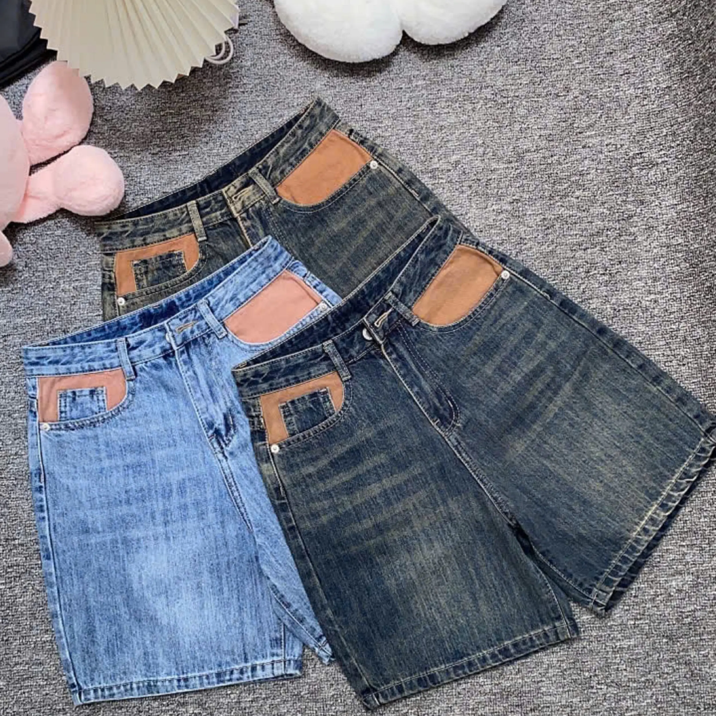 (NP01)Quần Short Ngố Nữ Kiểu Phối Túi, From Rộng, Chất Jean Không Giãn, Lai Cuốn. From từ 40-55Kg