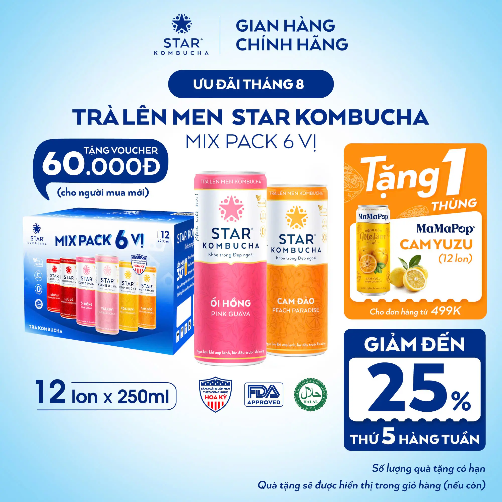 Thùng 12 Lon Trà Lên Men STAR KOMBUCHA Mix 6 Vị 250ml - Thức Uống Bổ Sung PROBIOTICS Tự Nhiên Từ Trà, SCOBY Và Thảo Mộc