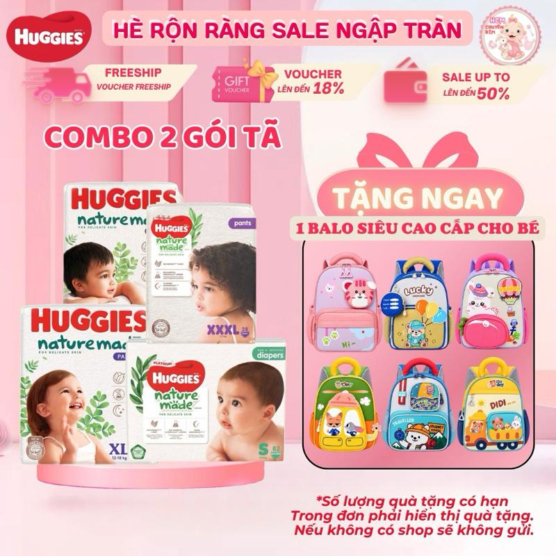 [TẶNG BALO] Combo 2 Tã Quần/ Dán Huggies Nature Made Size NB60/S82/M64/L54 - M58/L44/ XL38/XXL26/XXXL28