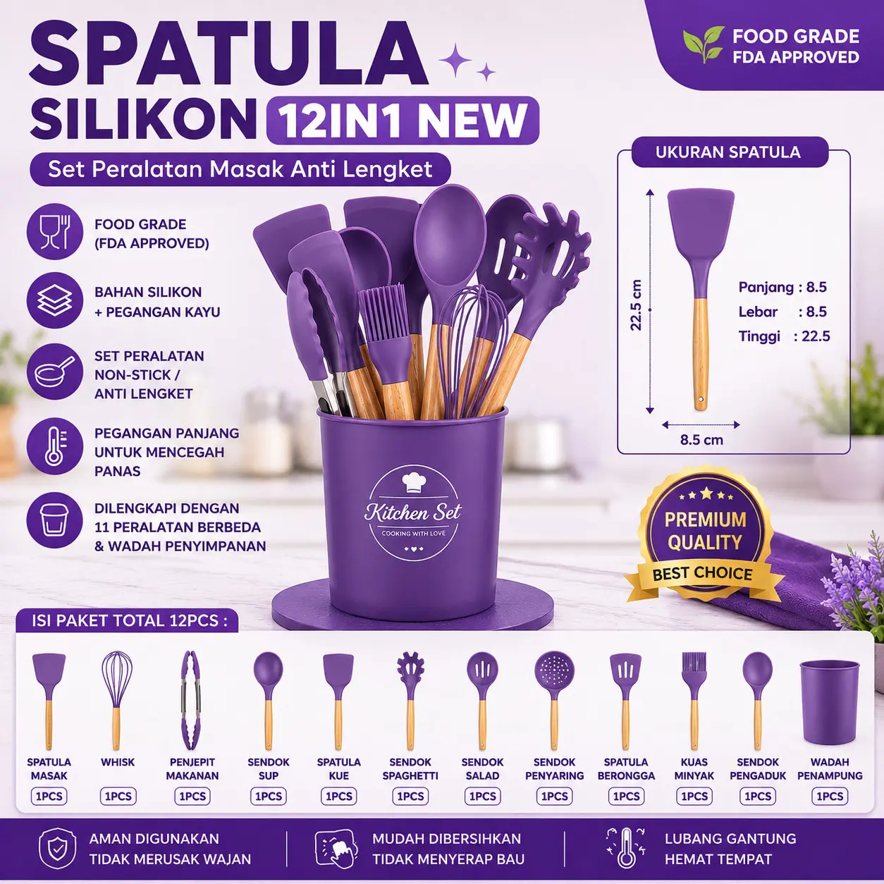 SPATULA SILIKON 12pcs Kitchen Set Spatula Alat Masak Dapur Tahan Panas Serbaguna Aman Praktis Murah NEW