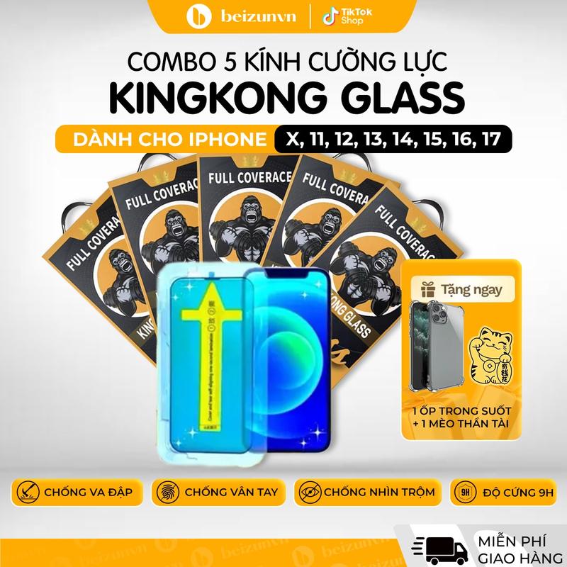 [Beizun]Combo 5 Kính Cường Lực KINGKONG GLASS Viền Cong 2.5D Siêu Mượt | Trong Suốt/Chống Nhìn Trộm | Chống Va Đập, Chịu Lực Tốt|Bảo Vệ Màng Loa, Chống Bám Bụi, Chống Nước Khung Trợ Dán Dễ Lắp iPhone 7 - iPhone 17 Promax |TẶNG Ốp Chống Sốc + Mèo Thần Tài
