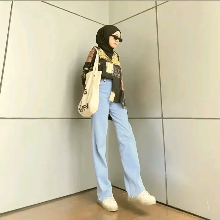 HTM - Hight waist Loose Jeans Hangover Celana Panjang Jeans Wanita Jumbo Bawahan 3