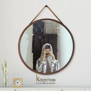 Kreasikayukuu Cermin Bulat / Kaca Aesthetic D40 Cermin Gantung Tali Coklat