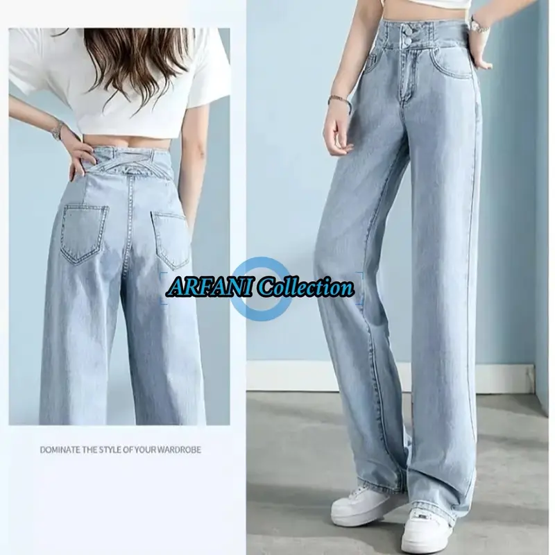 Arfani Collection J23 Celana Panjang Highwaist Kulot Silang Jeans Wanita Double Button 2 Kancing J23 - Variasi 5