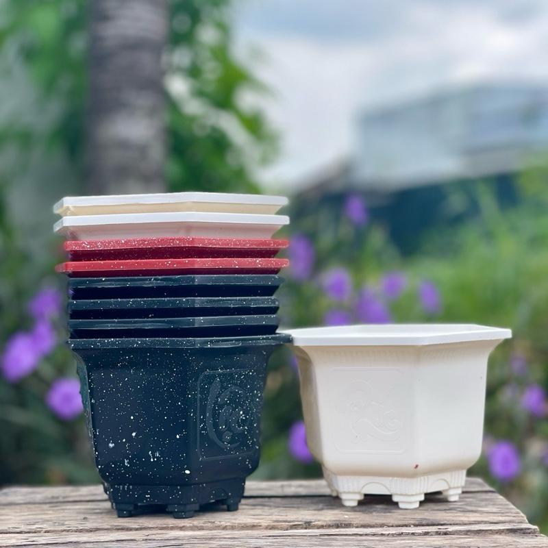  Chậu Nhựa PP Dày Dặn 10 Chậu Trồng Cây Mini Lục Giác 160 17x12 Đỏ Nổi Bật Đen Giả Đá Sang Trọng Siêu Bền Thời Hạn 3 Năm 