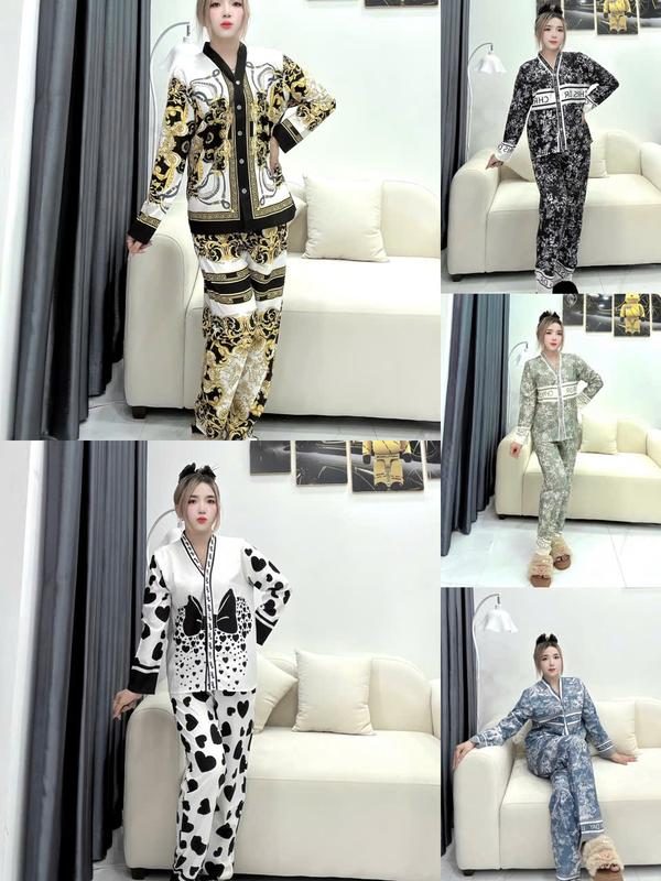 Đồ Bộ Cổ Y - Bộ PIJAMA Dài Tay Lụa Van Go Hoạ Tiết Mỹ Hân Store93 Fullsize Dưới 75kg