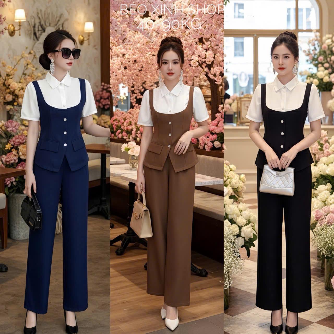 Set Quần Áo Cổ Sơ Mi Phối Nút Sang Trọng Vải Cotton Lạnh Thanh Lịch Cho Các Nàng 40 - 90Kg Nữ Top Women Xoè - B.1551