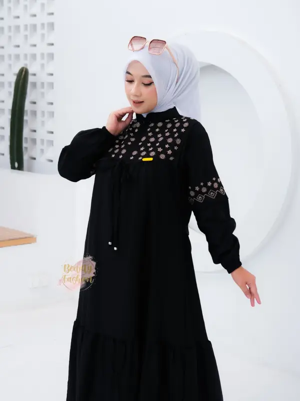 Gamis Bordir Wanita LYLYA Mat Polo Linen Premium Terbaru Busui Friendly Dress Motif Model Kekinian 8
