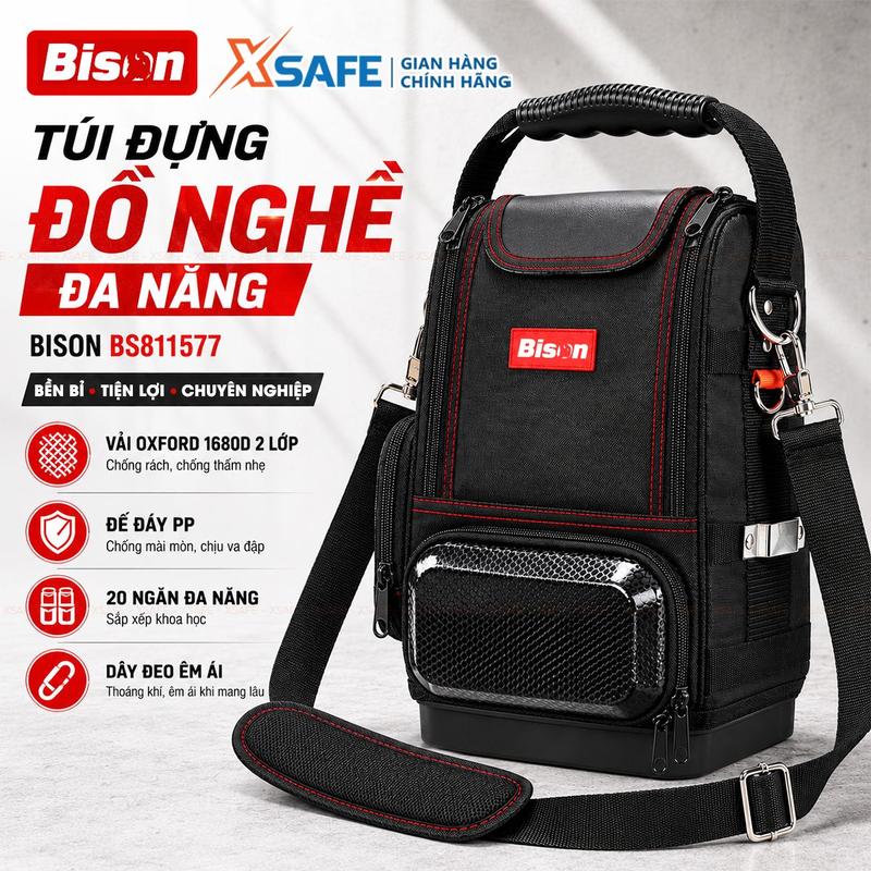 Túi đựng đồ nghề đa năng BISON BS811577 vải Oxford 1680D 2 lớp siêu dày, đáy nhựa chắc chắn không thấm nước, nhiều ngăn tiện lợi, độ chịu tải cao
