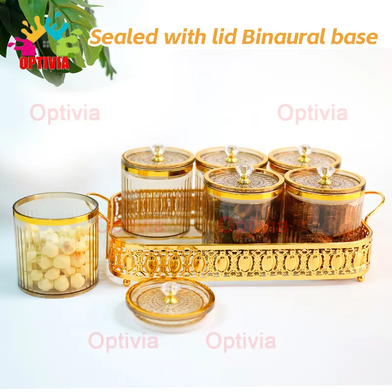 OPTIVIA Emas Snack Tray Kue Storage Jar Snack Bowl Tempat Saji Snack Cemilan Kotak Makanan Toples Lebaran Set Nampan Topless 3