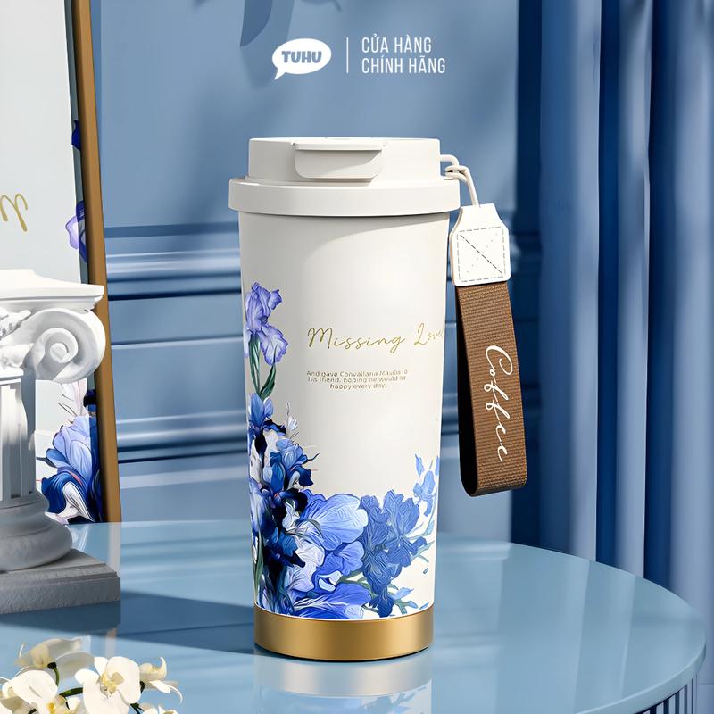  Ly giữ nhiệt khắc tên SAKURA 500ml lót gốm cốc giữ nhiệt hoạ tiết thanh lịch có kèm dây xách - TUHUHOUSE 