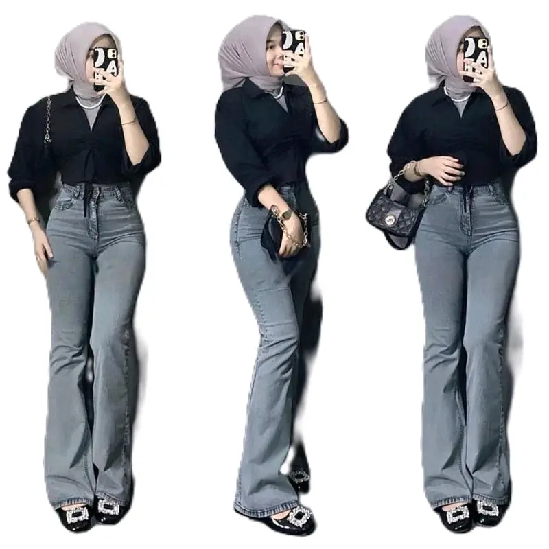 Celana Jeans Cutbray Highwaist Loose Panjang Melar - Hitam VOLL. 2 Wanita Stretch Karet  Cewek Ritsleting Loose-fitting