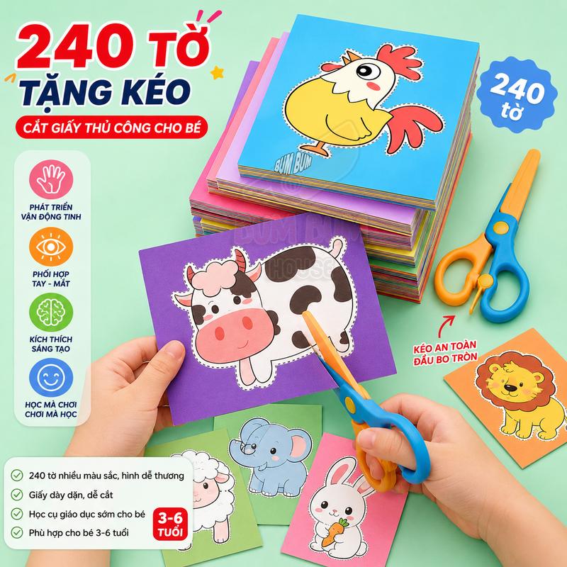 [Tặng Kéo] Combo 240 tờ cắt giấy thủ công cho bé kèm kéo an toàn, đồ chơi paper cut giáo dục sớm phát triển vận động