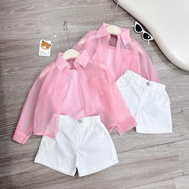BN192 - Set 3 chi tiết bộ quần áo hai dây bún mix áo sơmi voan dài tay kèm quần short kaki cho bé gái diện mùa hè, đi biển (10-30kg) 5
