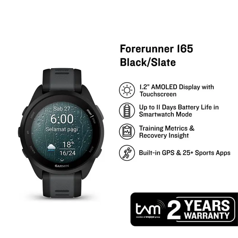 Jam Tangan Pria Garmin Forerunner 165 010-02863-AA Smartwatch Digital Dial Black Slate Grey Silicone Strap