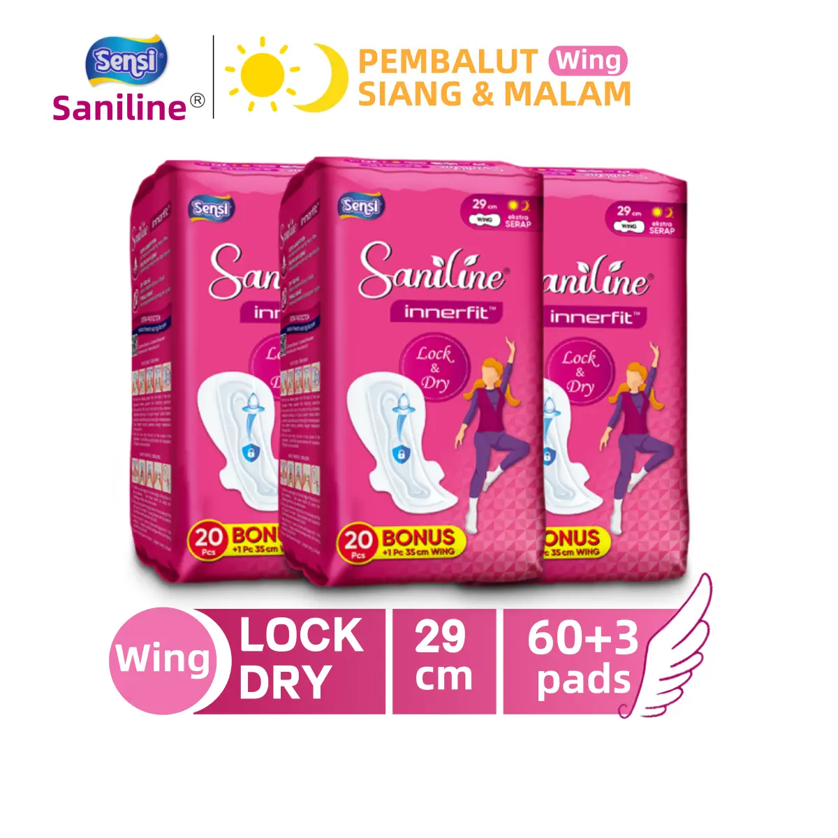[3 PACK] Sensi Saniline – Pembalut & Pantyliner Wanita Super Tipis | Cepat Kering, Daya Serap Tinggi, Anti Bocor | Paket Hemat Siang & Malam