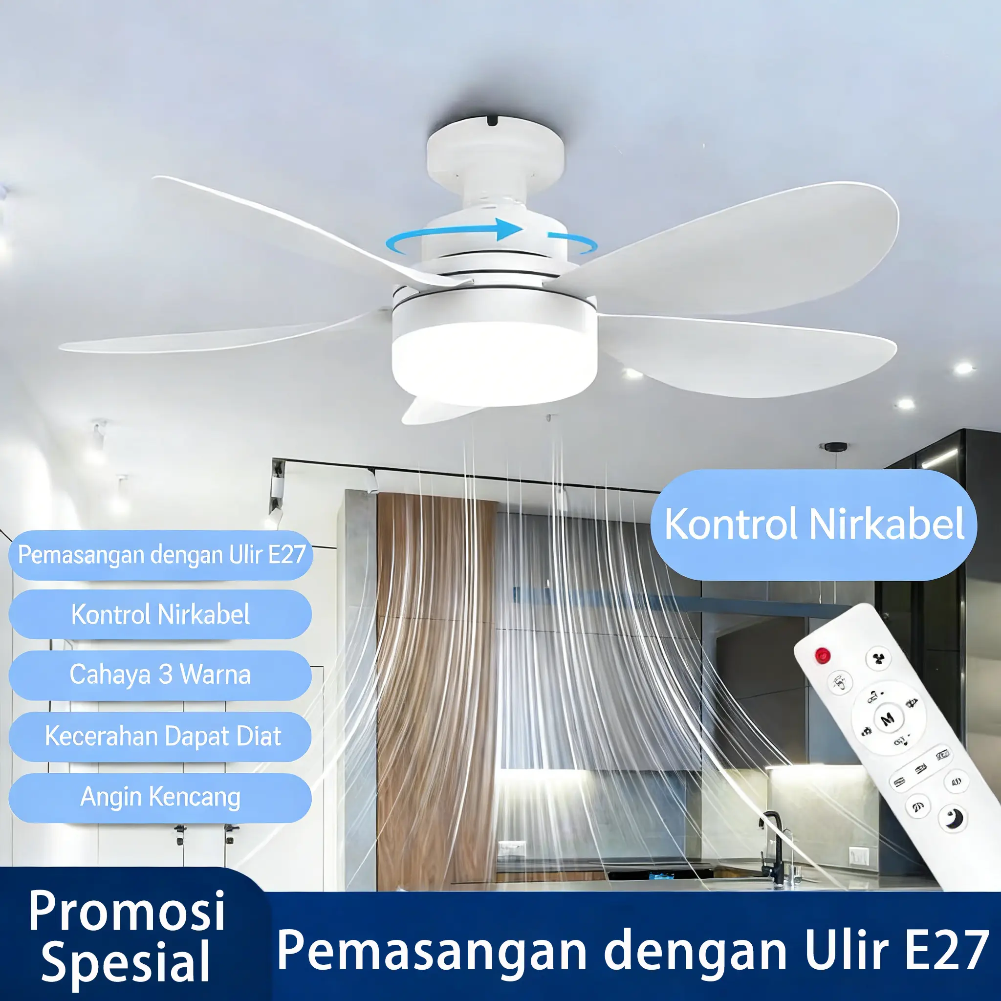 Kipas Angin Plafon E27 Remote Control 3 Kecepatan Lampu dengan pencahayaan bisa diatur, hemat listrik, cocok untuk ruang keluarga, kamar, dapur, dan balkon.