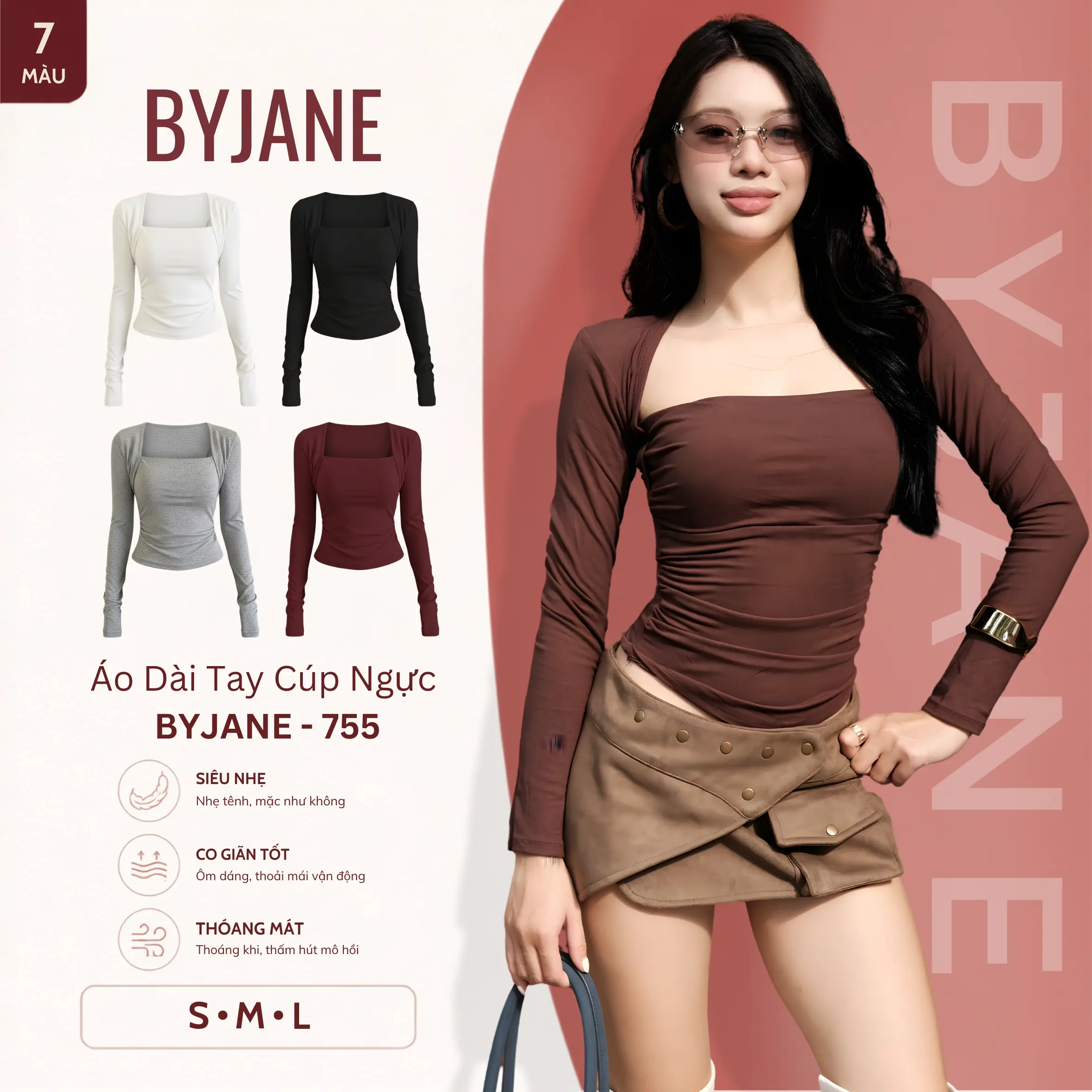 [ MÀU MỚI ] Áo ôm Body Cúp Ngực Nhún Eo Dài Tay Thun Mịn Siêu Co Dãn BYJANE - 755