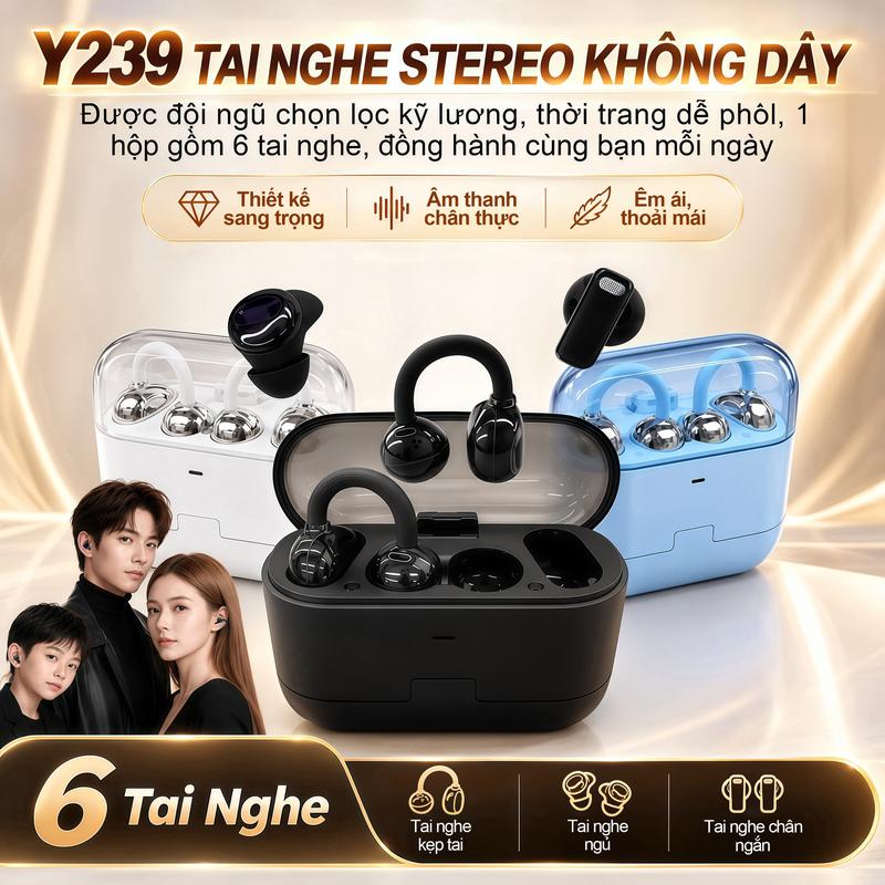 Y239 (3 cặp tai nghe) Tai Nghe 6 in 1 Mẫu Mới Nhất, 1 Cặp tai nghe kẹp tai và 1 Cặp tai nghe ngủ và 1 Cặp tai nghe chân ngắn, Đáp ứng mọi kịch bản – dùng là thích! Âm thanh nổi cấp độ HiFi, Nghe nhạc liên tục hơn 40 giờ