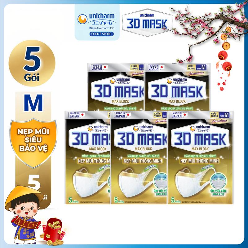   COMBO 5  Unicharm 3D Mask Khẩu trang Max Block size M 5 miếng gói 