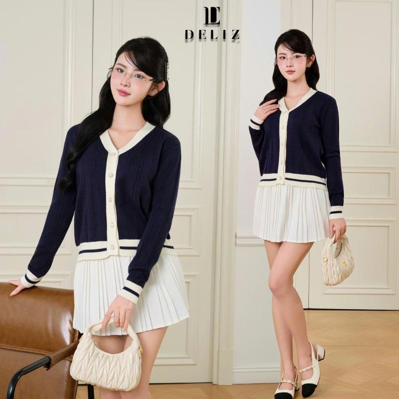 DELIZ - Áo len dài tay cổ tim phối cúc dáng cardigan màu xanh than CD842