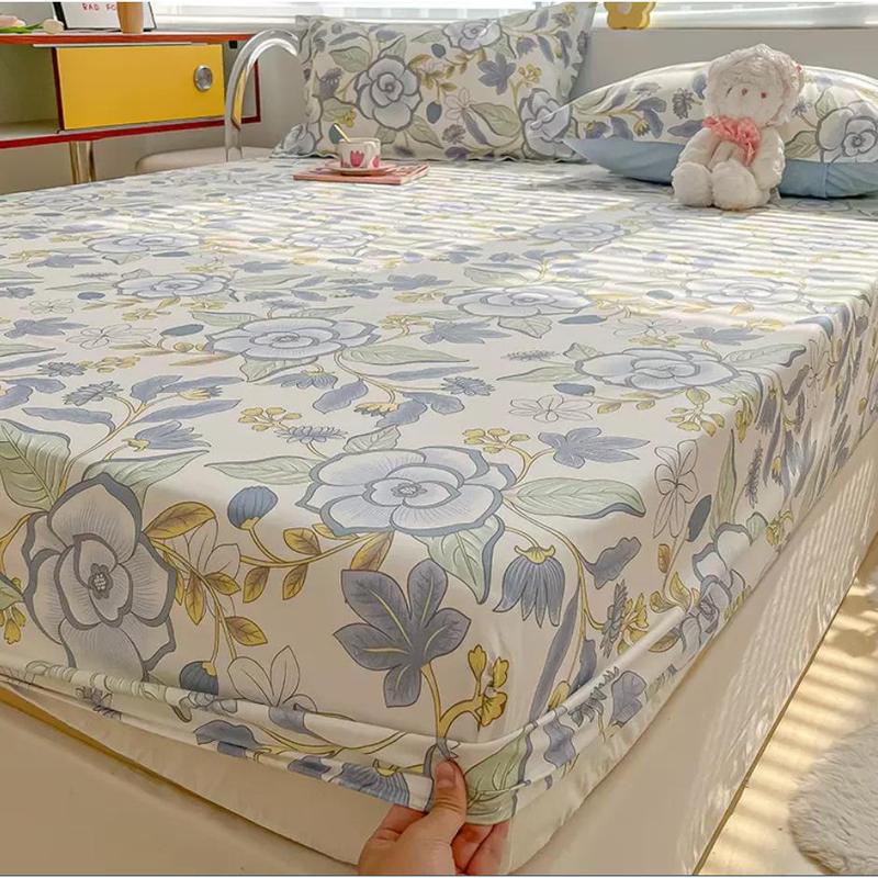 100% Cotton Fitted Bedsheet +2pc Pillowcase Flower Cartoon Single Double Full Queen King Cal-King Size Home Bed Sheets Set B103D 0