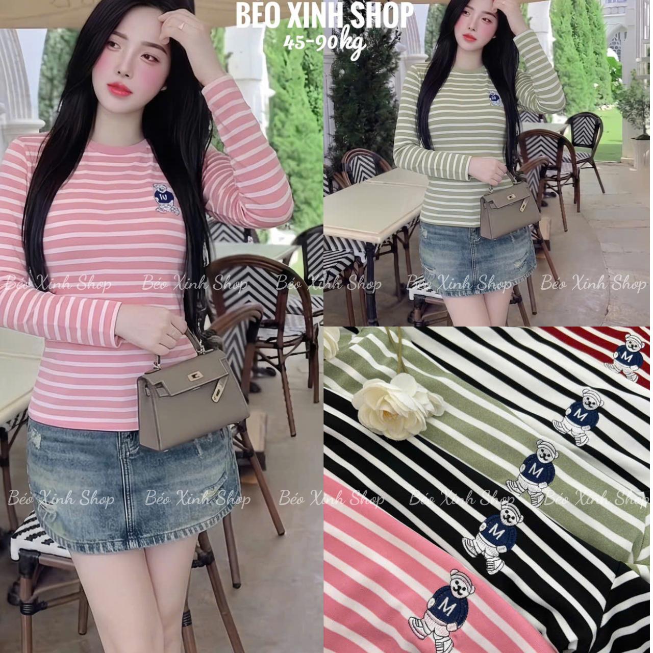 Áo Thun Nữ Tay Dài Thêu Gấu Basic Vải Borit Sọc Cao Cấp Thanh Lịch Bigsize 45–90kg Dễ Thương Nữ Women Top Nhung - A.1699