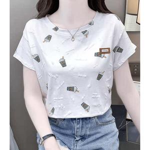 Women's White Short-Sleeve Trendy Beverage Motif T-Shirt #QZ806