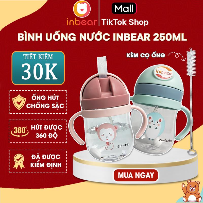 Cọ Kèm Bình Uống Nước Cho Bé Inbear 250ml Có Van Chống Sặc, Chống Rỉ Nước, Vạch Chia Và Tay Cầm Tiện Lợi - Tặng Cọ Ống Hút Kem