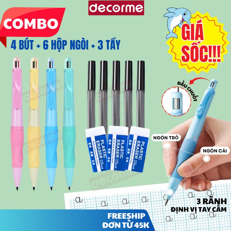 Combo bút chì bấm cá heo, tẩy cà rốt cho bé bút chì 2B tập viết DecorMe kèm chuốt tiện lợi, ngòi 2mm chống gãy, có đệm định vị tay cầm giúp bé tập viết đúng tư thế