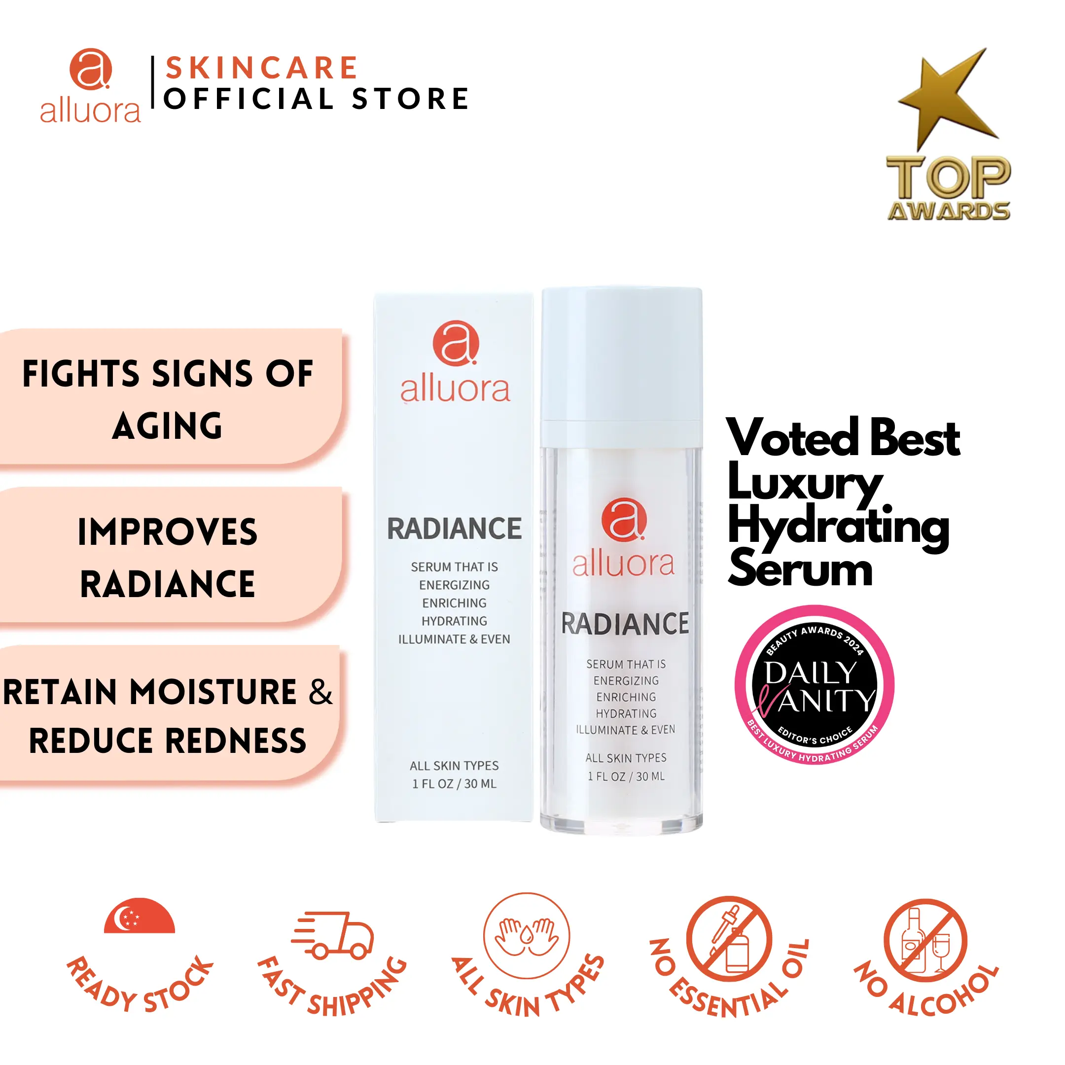 Alluora RADIANCE Serum (30ml) Hydrate Dry Skin, Aging Skin, Mature Skin, Improve Radiance and Collagen, Reduce Redness