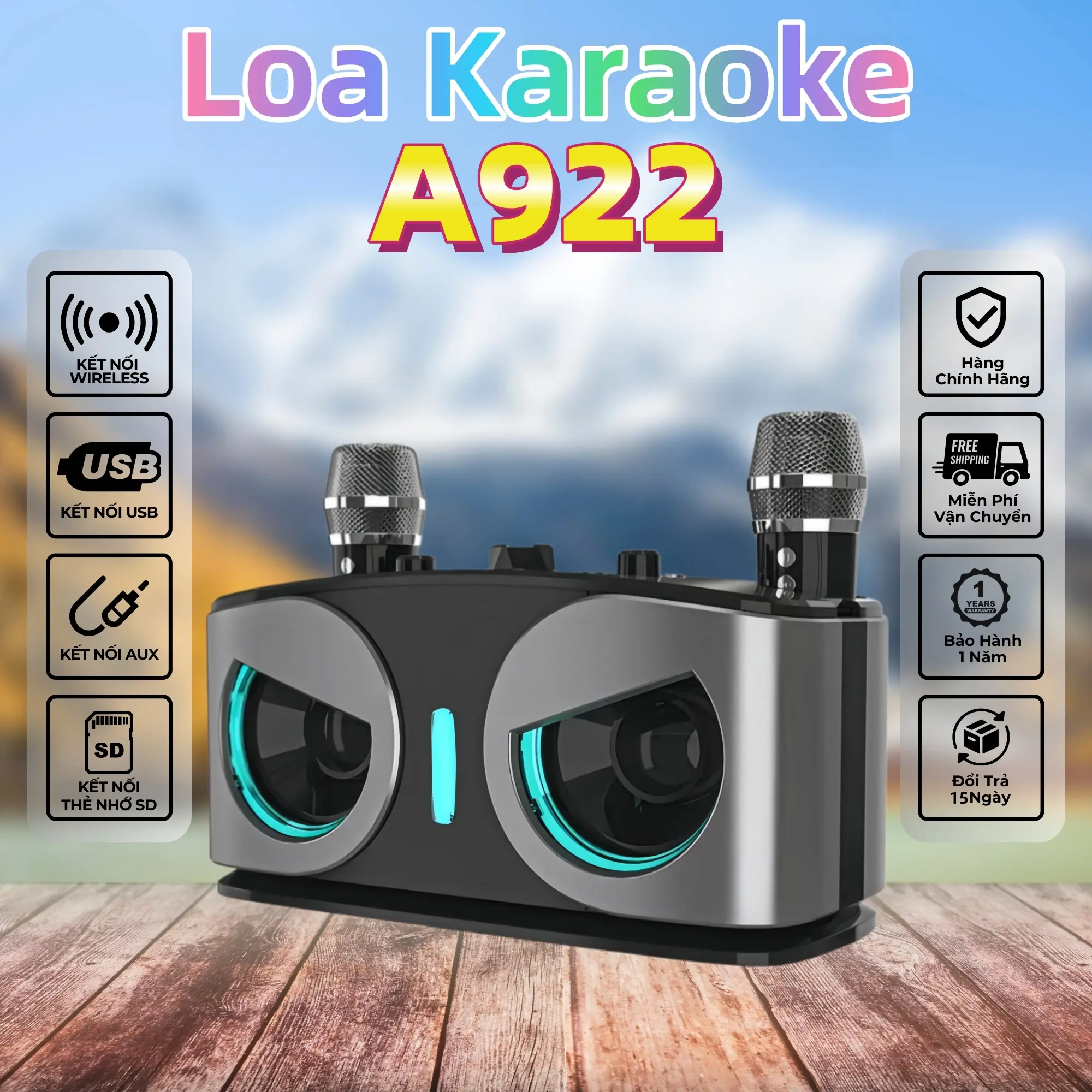 A922 Loa Karaoke Di Động Nghe Nhạc Xách Tay Loa Bluetooth Mini, kèm 2 Micro không dây, Loa ngoài trời, Loa gia đình, Máy hát karaoke - Bảo Hành 12 Tháng